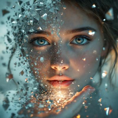 The primary subject of the image is a young girl with blue eyes. She is the main focus of the image, and her face is the setting. The visual style of the image is a digital art, as it appears to be a close-up of the girl's face with a background of sparkling lights. The colors in the image are predominantly blue, which gives the image a calm and serene atmosphere.